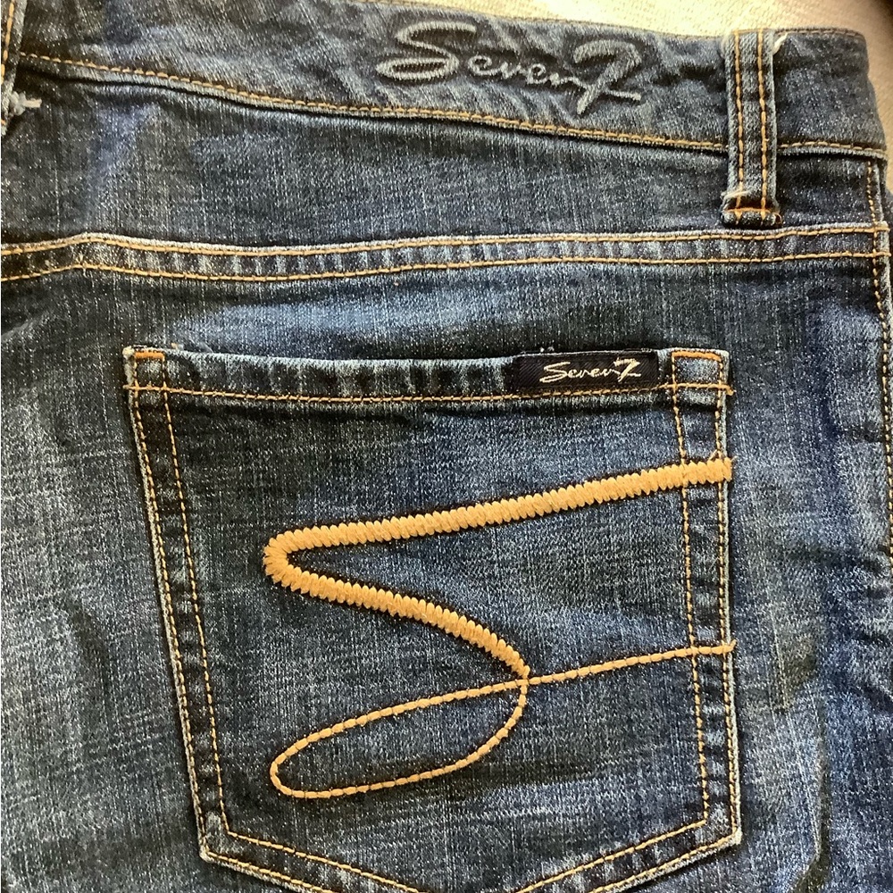 Seven7 Women's Blue Jeans with Tan Stitching